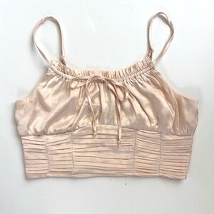 Cream‎ Satin Cropped Top Babydoll Gathered Shirred Spaghetti Straps Size L